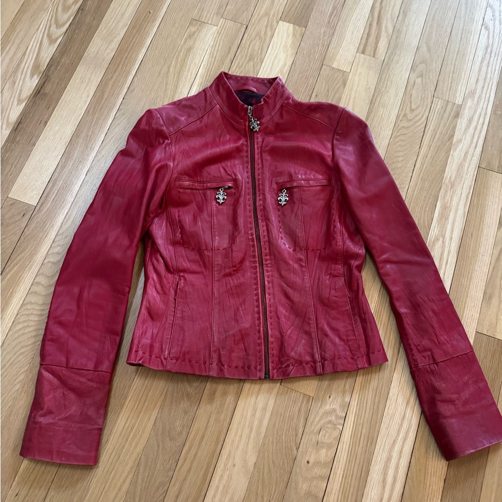 Women’s Red Leather Zip-Front Jacket